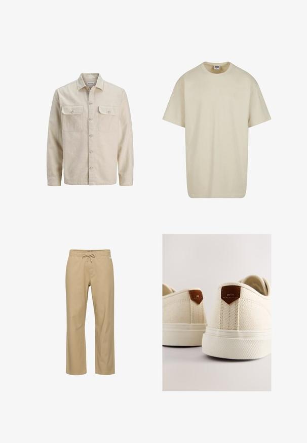 Beige skjorte med knaplukning i blødt stof, der har to brystlommer, lange ærmer og en lige søm. Ensfarvet tekstur uden mønstre.; Lysebeige bomulds-T-shirt med korte ærmer, rund halsudskæring og løs pasform. Stoffet fremstår glat uden synlige mønstre eller accenter.; Beige bomuldsbukser med afslappet pasform, elastik i taljen og snøre. Har sidelommer og lige ben. Ingen synlige mønstre.; Lærreds-sneakers i creme med en struktureret finish, der har brune læderdetaljer ved hælen og en ydersål af gummi.