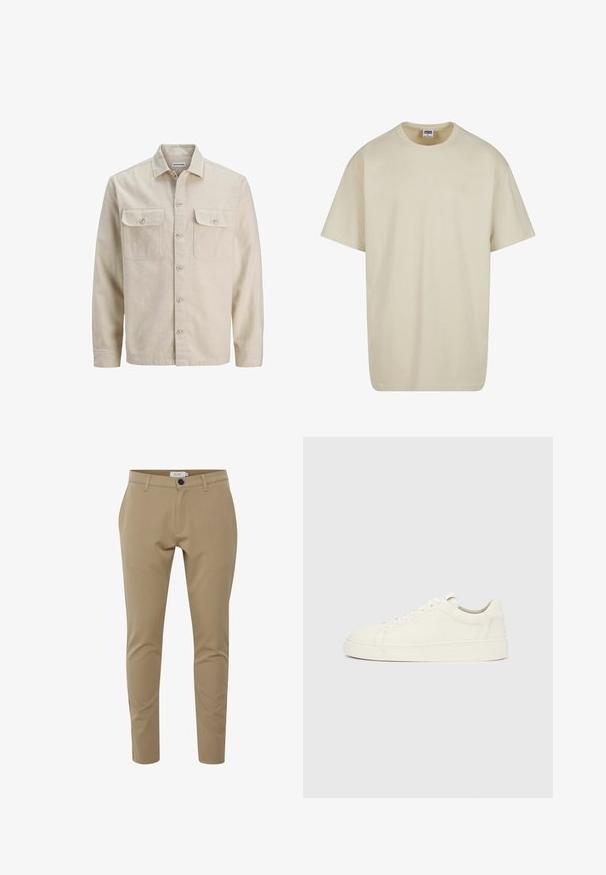 Chemise beige à boutons en tissu doux, dotée de deux poches poitrine, de manches longues et d'un ourlet droit. Texture unie sans motifs.; T-shirt en coton beige clair à manches courtes, col rond et coupe décontractée. Le tissu semble lisse, sans motifs ni accents visibles.; Pantalons beige ajustés avec une coupe slim, présentant une fermeture éclair, des poches avant et une fermeture à un bouton. Texture du tissu lisse.; Baskets basses en cuir blanc avec fermeture à lacets et semelle plate sur fond gris clair uni, vue latérale.