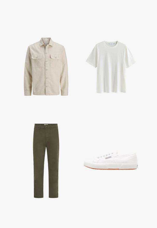 Camisa beige de botones en tejido suave, con dos bolsillos en el pecho, mangas largas y dobladillo recto. Textura lisa sin patrones.; Camiseta blanca lisa de manga corta y cuello redondo, mostrada sobre un fondo blanco, talla mediana, con etiquetas de ropa visibles dentro del cuello.; Pantalones informales rectos de color verde oliva para hombre, con cierre de botón y trabillas para cinturón, diseñados para el uso diario.; Zapatillas de lona blancas con suela de goma, diseño de cordones y una pequeña etiqueta con el logo en el lateral. Parte superior texturizada blanca y suela marrón.