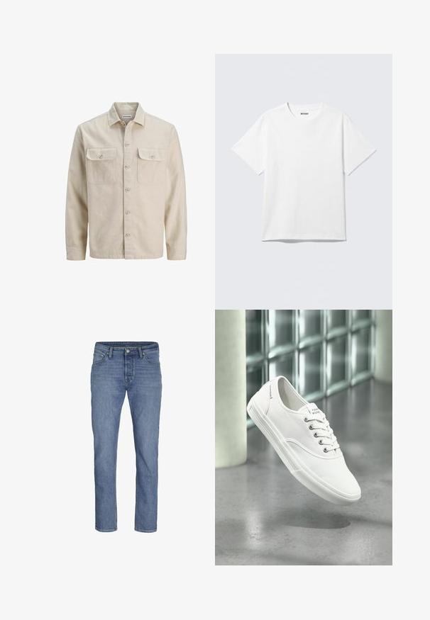 Beige Hemd mit Knöpfen aus weichem Stoff, ausgestattet mit zwei Brusttaschen, langen Ärmeln und einem geraden Saum. Einfarbig ohne Muster.; Weißes T-Shirt mit kurzen Ärmeln und Rundhalsausschnitt, flach liegend, schlichtes Design, mit „WEEKDAY“-Etikett innen im Kragen auf hellem Hintergrund.; Hellblaue Jeans aus Denim mit geradem Bein, fünf Taschen und einem vorderen Knopfverschluss mit kontrastierenden Nähten.; Weißer niedriger Canvas-Sneaker mit Schnürsenkeln, beschriftet mit Tommy Hilfiger, schwebt über einem glatten grauen Boden nahe einer Glasbausteinwand.