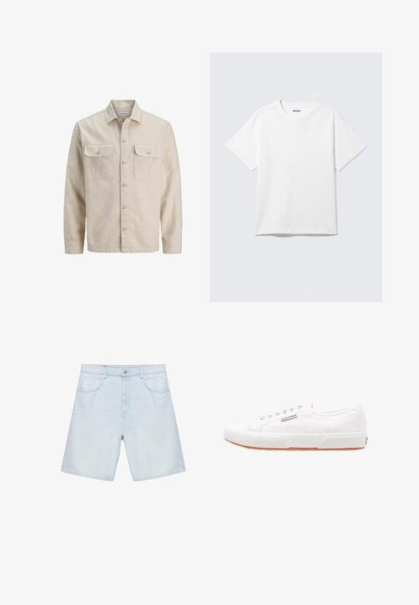 Chemise beige à boutons en tissu doux, dotée de deux poches poitrine, de manches longues et d'un ourlet droit. Texture unie sans motifs.; T-shirt blanc à manches courtes et col rond, étalé à plat, design uni, avec l'étiquette "WEEKDAY" à l'intérieur du col sur un fond clair.; Short en jean bleu clair avec poches avant, passants de ceinture et fermeture par bouton, présenté sur fond blanc.; Baskets en toile blanches avec une semelle en caoutchouc, design à lacets et une petite étiquette logo sur le côté. Tige blanche texturée et semelle extérieure marron.