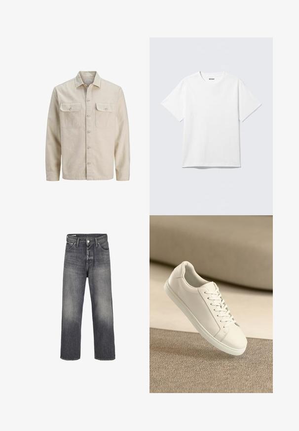 Chemise beige à boutons en tissu doux, dotée de deux poches poitrine, de manches longues et d'un ourlet droit. Texture unie sans motifs.; T-shirt blanc à manches courtes et col rond, étalé à plat, design uni, avec l'étiquette "WEEKDAY" à l'intérieur du col sur un fond clair.; Jeans en denim de couleur noir délavé, avec une coupe droite, un style à cinq poches et une fermeture à bouton en métal à la taille.; Baskets en cuir blanc avec des lacets blancs, exposées sur une surface beige texturée et avec un arrière-plan flou doux.