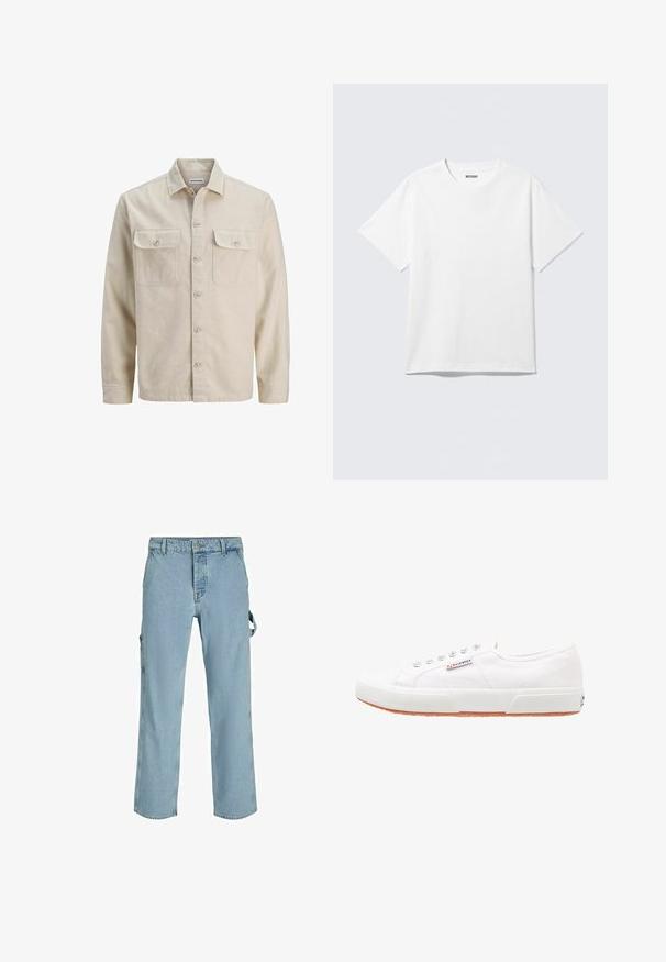 Beige overhemd met knopen in zachte stof, met twee borstzakken, lange mouwen en een rechte zoom. Effen textuur zonder patronen.; Witte T-shirt met korte mouwen en ronde hals, plat gelegd, effen ontwerp, met een "WEEKDAY" label in de kraag op een lichte achtergrond.; Lichtblauwe denim cargo pants met een ontspannen pasvorm, voorzien van zijbevestigingslussen en voorzakken, met een vervaagde textuur.; Witte canvas sneakers met een rubberen zool, vetersluiting en een klein logolabel aan de zijkant. Gewreven wit bovenwerk en een bruine zool.