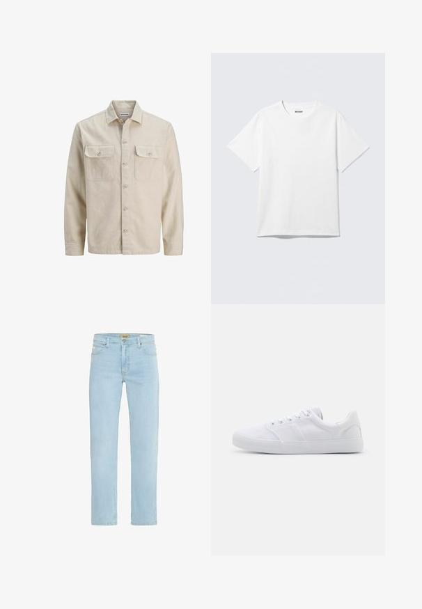 Beige Hemd mit Knöpfen aus weichem Stoff, ausgestattet mit zwei Brusttaschen, langen Ärmeln und einem geraden Saum. Einfarbig ohne Muster.; Weißes T-Shirt mit kurzen Ärmeln und Rundhalsausschnitt, flach liegend, schlichtes Design, mit „WEEKDAY“-Etikett innen im Kragen auf hellem Hintergrund.; Hellblaue Denim-Jeans mit geradem Schnitt, traditionellem Fünf-Taschen-Design sowie einem Messingknopf und Reißverschlussverschluss vorne.; Weiße Leinenschuhe mit Gummisohle, ausgestattet mit sechs Ösen, einer strukturierten Zehenkappe und minimalistischer Gestaltung.