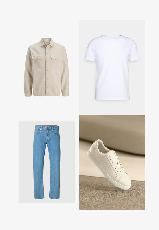 Chemise beige à boutons en tissu doux, dotée de deux poches poitrine, de manches longues et d'un ourlet droit. Texture unie sans motifs.; T-shirt blanc à manches courtes en tissu de coton avec un col rond. Design simple sans motifs ni accents. Texture lisse.; Un jean en denim bleu clair présente un design à jambes droites, un style à cinq poches et une fermeture éclair avec un bouton en métal.; Baskets en cuir blanc avec des lacets blancs, exposées sur une surface beige texturée et avec un arrière-plan flou doux.