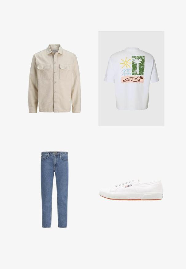 Beige skjorte med knaplukning i blødt stof, der har to brystlommer, lange ærmer og en lige søm. Ensfarvet tekstur uden mønstre.; Hvid T-shirt med farverigt tryk på ryggen, der viser en gul sol, blå bølger, en grøn palme og en brun figur, der ligger på et lyserødt strandhåndklæde.; Lyseblå denimjeans med lige ben, fem lommer og kontrastsyede syninger. Let falmet for et slidt look. Kraftig metal knap.; Hvide kanvas sneakers med gummisål, snørebåndsdesign og et lille logo mærke på siden. Tekstureret hvid overdel og brun ydersål.