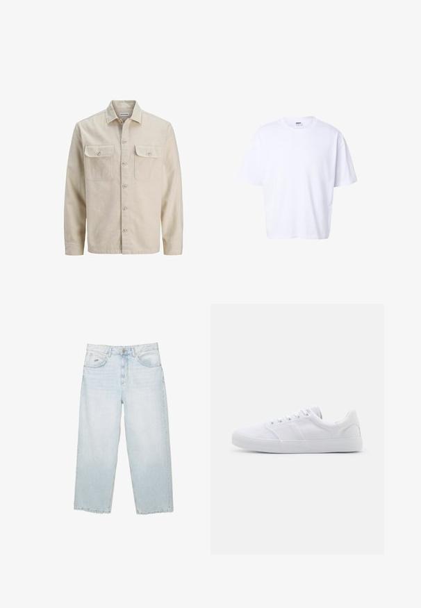 Beige overhemd met knopen in zachte stof, met twee borstzakken, lange mouwen en een rechte zoom. Effen textuur zonder patronen.; Effen witte katoenen T-shirt met korte mouwen, ronde hals, losse pasvorm en Urban Classic merklabel aan de binnenkant van de kraag.; Lichtblauwe hoge taille straight-leg jeans met een knoop aan de voorkant, zakken en een klein gemerkt metalen label op de rechter voorkzak.; Witte canvas sneakers met een rubberen zool, voorzien van zes oogjes, een gestructureerde neuskap en een minimalistisch ontwerp.