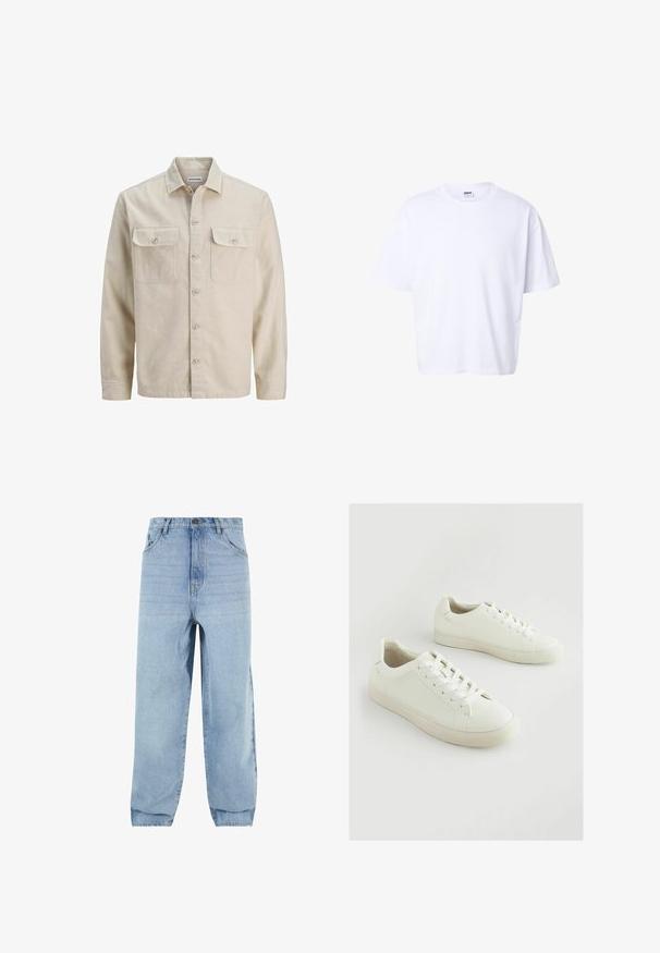 Beige overhemd met knopen in zachte stof, met twee borstzakken, lange mouwen en een rechte zoom. Effen textuur zonder patronen.; Effen witte katoenen T-shirt met korte mouwen, ronde hals, losse pasvorm en Urban Classic merklabel aan de binnenkant van de kraag.; Lichtblauwe denim jeans met een losse pasvorm, hoge taille en vijf zakken. Voorzien van riemlussen en een knoopsluiting. Glad textuur.; Witte sneakers van gestructureerd synthetisch materiaal, met een ronde neus, veterontwerp en een licht verhoogde rubberen zool.