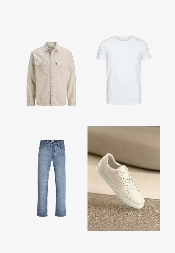 Camisa beige de botones en tejido suave, con dos bolsillos en el pecho, mangas largas y dobladillo recto. Textura lisa sin patrones.; Camiseta de manga corta y cuello redondo en blanco sólido, fabricada en algodón suave, presenta un diseño simple sin patrones ni acentos visibles.; Jeans de pierna recta en azul claro fabricados en denim, con un diseño clásico de cinco bolsillos y una cremallera con botón de cierre.; Zapatilla de cuero blanca con cordones blancos, exhibida sobre una superficie texturizada beige y un suave fondo desenfocado.
