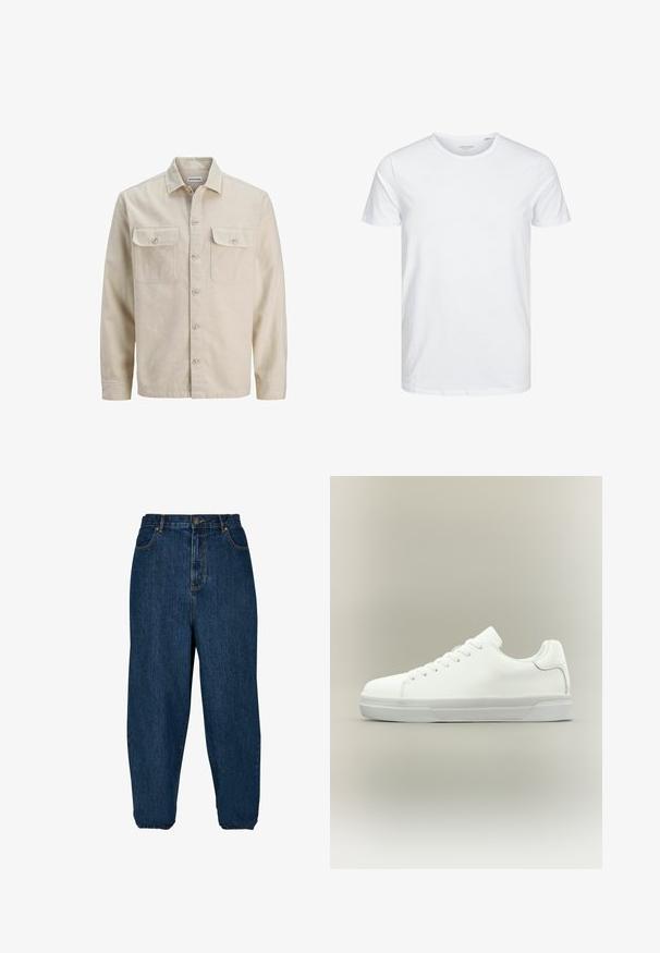 Camisa beige de botones en tejido suave, con dos bolsillos en el pecho, mangas largas y dobladillo recto. Textura lisa sin patrones.; Camiseta de manga corta y cuello redondo en blanco sólido, fabricada en algodón suave, presenta un diseño simple sin patrones ni acentos visibles.; Jeans de denim azul oscuro con un corte holgado, cintura alta y puños elásticos. Cuenta con un cierre frontal de botón y cinco bolsillos.; Zapatilla blanca de corte bajo con cierre de cordones, cuello acolchado y suela de goma texturizada, mostrada de perfil sobre un fondo neutro.
