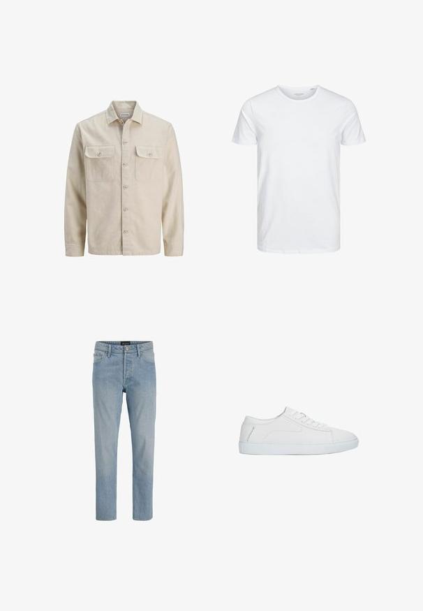 Beige Hemd mit Knöpfen aus weichem Stoff, ausgestattet mit zwei Brusttaschen, langen Ärmeln und einem geraden Saum. Einfarbig ohne Muster.; Rundhals-T-Shirt mit kurzen Ärmeln in reinem Weiß, aus weicher Baumwolle, mit einem schlichten Design ohne sichtbare Muster oder Akzente.; Hellblaue Denim-Jeans mit geradem Schnitt, fünf Taschen, Knopfverschluss und einem leicht ausgewaschenen Finish.; Weißer niedriger Sneaker mit Schnürdesign, glattem Lederobermaterial und flacher Gummisohle, seitlich auf weißem Hintergrund dargestellt.