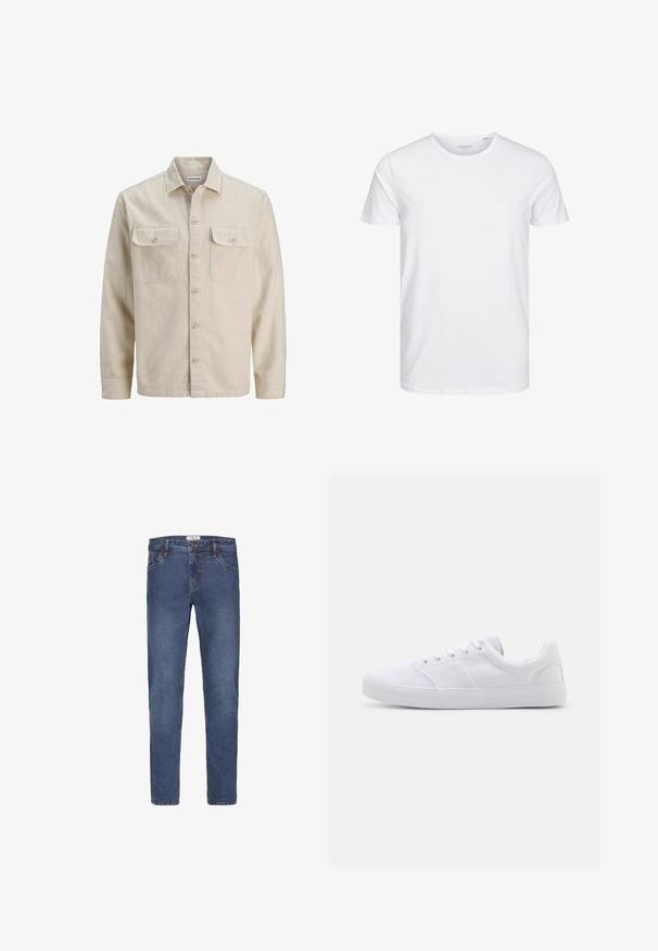 Beige skjorte med knaplukning i blødt stof, der har to brystlommer, lange ærmer og en lige søm. Ensfarvet tekstur uden mønstre.; Rundhals kortærmet t-shirt i ensfarvet hvid, lavet af blød bomuld, har et simpelt design uden synlige mønstre eller detaljer.; Denimjeans i mørkeblå vask med lige ben, fem-lommers design og kontrastsyning. Lukket med knap og lynlås.; Hvide lærreds sneakers med gummisål, der har seks snørehuller, en struktureret tåkap og et minimalistisk design.