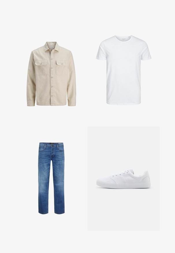 Beige Hemd mit Knöpfen aus weichem Stoff, ausgestattet mit zwei Brusttaschen, langen Ärmeln und einem geraden Saum. Einfarbig ohne Muster.; Rundhals-T-Shirt mit kurzen Ärmeln in reinem Weiß, aus weicher Baumwolle, mit einem schlichten Design ohne sichtbare Muster oder Akzente.; Hellblaue Jeans aus Denim mit einem verwaschenen Finish, gerader Schnitt, Fünf-Taschen-Design und einem Reißverschluss. Mit brauner Naht und einem Logo-Patch.; Weiße Leinenschuhe mit Gummisohle, ausgestattet mit sechs Ösen, einer strukturierten Zehenkappe und minimalistischer Gestaltung.