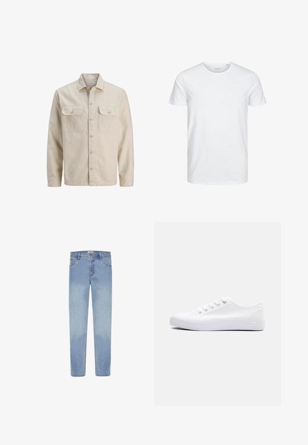Beige overhemd met knopen in zachte stof, met twee borstzakken, lange mouwen en een rechte zoom. Effen textuur zonder patronen.; Ronde hals kortemouwen t-shirt in effen wit, gemaakt van zachte katoen, heeft een eenvoudig ontwerp zonder zichtbare patronen of accenten.; Lichtblauwe denim jeans met een rechte pasvorm, ontwerp met vijf zakken en zichtbare stiksels. Het materiaal is glad met een lichte vervaagwerking.; Witte canvas lage sneaker met witte veters, rubberen zool en metalen oogjes, weergegeven vanaf de buitenkant tegen een effen achtergrond.