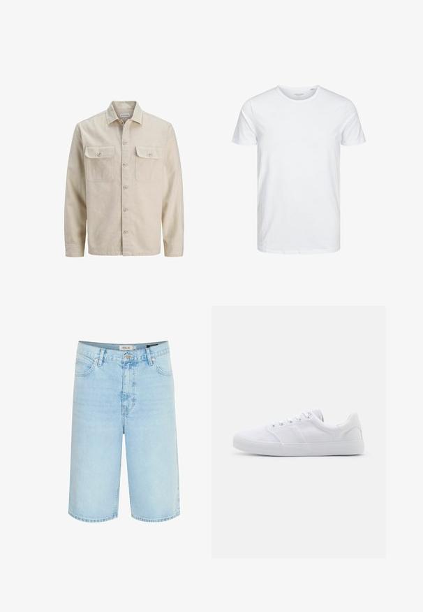Beige Hemd mit Knöpfen aus weichem Stoff, ausgestattet mit zwei Brusttaschen, langen Ärmeln und einem geraden Saum. Einfarbig ohne Muster.; Rundhals-T-Shirt mit kurzen Ärmeln in reinem Weiß, aus weicher Baumwolle, mit einem schlichten Design ohne sichtbare Muster oder Akzente.; Hellblaue Jeansshorts mit entspannter Passform, fünf Taschen-Design, einfache Knopfverschluss und Kontrastnähte entlang der Nähte.; Weiße Leinenschuhe mit Gummisohle, ausgestattet mit sechs Ösen, einer strukturierten Zehenkappe und minimalistischer Gestaltung.