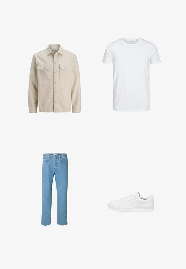 Beige overhemd met knopen in zachte stof, met twee borstzakken, lange mouwen en een rechte zoom. Effen textuur zonder patronen.; Ronde hals kortemouwen t-shirt in effen wit, gemaakt van zachte katoen, heeft een eenvoudig ontwerp zonder zichtbare patronen of accenten.; Lichtblauwe denim jeans met een recht gesneden ontwerp. Kenmerken zijn een knoopsluiting, vijf zakken en gestikte details langs de naden.; Lage witte sneaker met vetersluiting, glad leren bovenwerk, gevoerde kraag en dikke rubberen zool, zijaanzicht op witte achtergrond.