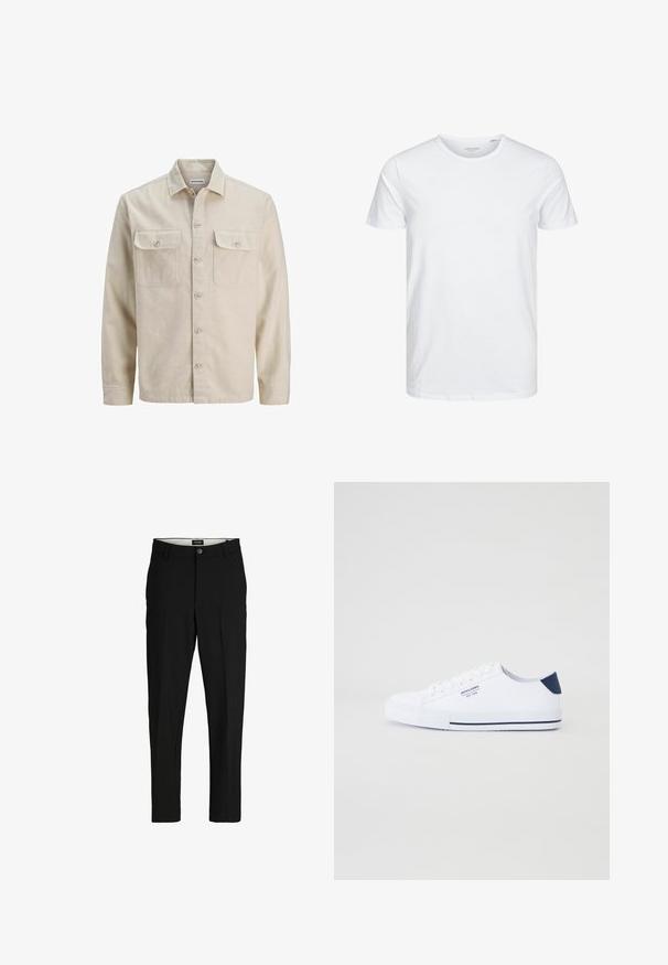 Beige overhemd met knopen in zachte stof, met twee borstzakken, lange mouwen en een rechte zoom. Effen textuur zonder patronen.; Ronde hals kortemouwen t-shirt in effen wit, gemaakt van zachte katoen, heeft een eenvoudig ontwerp zonder zichtbare patronen of accenten.; Zwarte broek van gladde stof, met een gestructureerd ontwerp, rechte pijpen, twee zijzakken en een enkele knoopsluiting.; Witte canvas sneakers met een marineblauwe hielaccent, platte rubberen zool, ronde neus en witte veters. Kenmerkt logo op de zijkant.