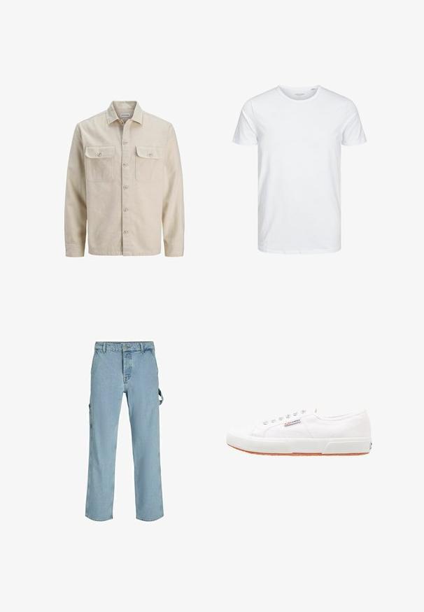 Camisa beige de botones en tejido suave, con dos bolsillos en el pecho, mangas largas y dobladillo recto. Textura lisa sin patrones.; Camiseta de manga corta y cuello redondo en blanco sólido, fabricada en algodón suave, presenta un diseño simple sin patrones ni acentos visibles.; Pantalones cargo de mezclilla azul claro con un corte relajado, que cuentan con lazos de sujeción laterales y bolsillos frontales, mostrando una textura desgastada.; Zapatillas de lona blancas con suela de goma, diseño de cordones y una pequeña etiqueta con el logo en el lateral. Parte superior texturizada blanca y suela marrón.