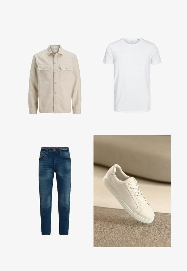 Beige Hemd mit Knöpfen aus weichem Stoff, ausgestattet mit zwei Brusttaschen, langen Ärmeln und einem geraden Saum. Einfarbig ohne Muster.; Rundhals-T-Shirt mit kurzen Ärmeln in reinem Weiß, aus weicher Baumwolle, mit einem schlichten Design ohne sichtbare Muster oder Akzente.; Blaue Denim-Jeans mit geradem Bein, frontaler Knopfleiste und Reißverschluss sowie fünf Taschen, gezeigt vor weißem Hintergrund.; Weißes Leder Sneaker mit weißen Schnürsenkeln, auf einer beigefarbenen strukturierten Oberfläche präsentiert, und einem sanft verschwommenen Hintergrund.