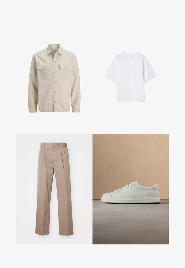 Beige Hemd mit Knöpfen aus weichem Stoff, ausgestattet mit zwei Brusttaschen, langen Ärmeln und einem geraden Saum. Einfarbig ohne Muster.; Weißes T-Shirt mit kurzen Ärmeln aus weichem Stoff. Hat einen runden Ausschnitt und eine lässige Passform mit geradem Saum. Keine Muster oder Hardware.; Beige, hoch taillierte Hosen mit weit geschnittenem Design. Verfügbar mit zwei Vorderfalten und einer glatten Textur. Standardlänge mit einem sauberen Finish.; Weißer Ledersneaker mit glatter Textur, rundem Zehenbereich und flachen Schnürsenkeln. Verfügt über ein dezentes Logo und eine leichte Sohle.