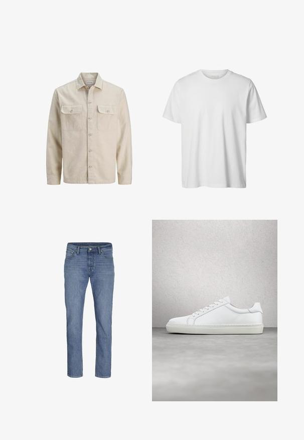 Beige skjorte med knaplukning i blødt stof, der har to brystlommer, lange ærmer og en lige søm. Ensfarvet tekstur uden mønstre.; Enkelt hvid T-shirt med korte ærmer og rund hals, løs pasform og uden synlige logoer eller designs foran.; Lyseblå denimjeans med lige pasform, fem lommer og en frontknaplukning med kontraststikninger.; Hvide sneakers med en glat læderoverdel og lav profil. Har en rund tå, seks snørehuller og en tekstureret gummisål.