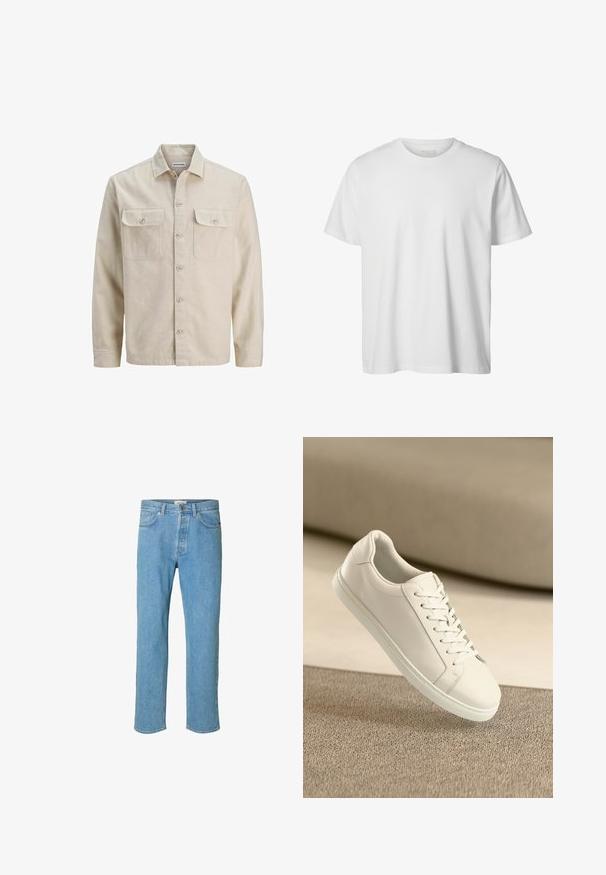 Camisa beige de botones en tejido suave, con dos bolsillos en el pecho, mangas largas y dobladillo recto. Textura lisa sin patrones.; Camiseta blanca lisa de manga corta con cuello redondo, corte holgado y sin logos o diseños visibles en el frente.; Jeans de mezclilla azul claro con un diseño de pierna recta. Las características incluyen una bragueta con botón, cinco bolsillos y detalles cosidos a lo largo de las costuras.; Zapatilla de cuero blanca con cordones blancos, exhibida sobre una superficie texturizada beige y un suave fondo desenfocado.