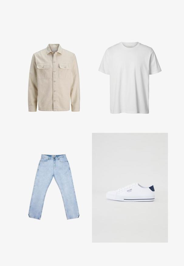 Beige Hemd mit Knöpfen aus weichem Stoff, ausgestattet mit zwei Brusttaschen, langen Ärmeln und einem geraden Saum. Einfarbig ohne Muster.; Schlichtes weißes T-Shirt mit kurzen Ärmeln und Rundhalsausschnitt, lässiger Passform und ohne sichtbare Logos oder Designs auf der Vorderseite.; Hellblaue Jeans aus Denim mit geradem Bein, ausgestattet mit fünf Taschen, einem Knopfverschluss und dezentem Verblassen. Keine sichtbaren Muster oder Logos.; Weiße Canvas-Sneaker mit navyblauem Fersenakzent, flacher Gummisohle, runder Zehenpartie und weißen Schnürsenkeln. Mit Logo an der Seite.