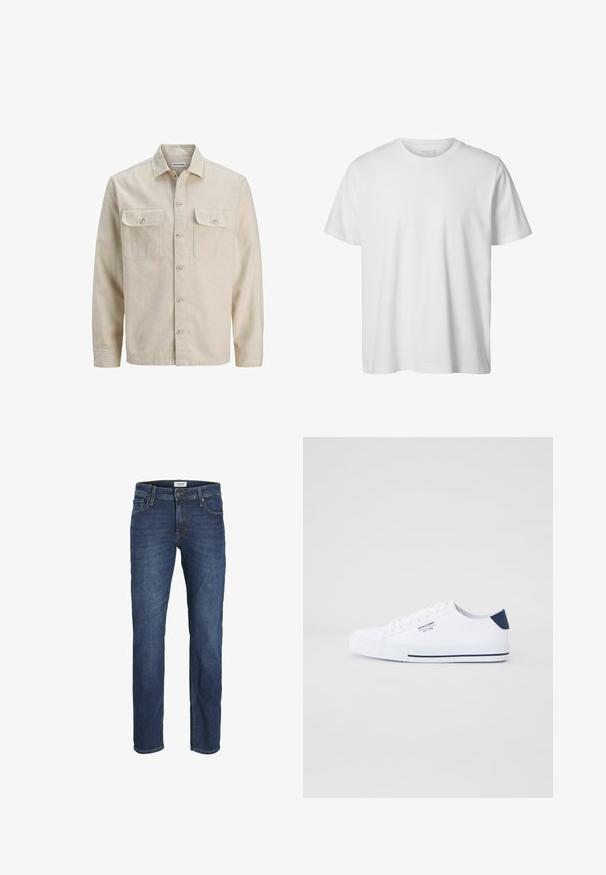 Beige overhemd met knopen in zachte stof, met twee borstzakken, lange mouwen en een rechte zoom. Effen textuur zonder patronen.; Eenvoudig wit T-shirt met korte mouwen en ronde hals, losse pasvorm en zonder zichtbare logo's of ontwerpen aan de voorkant.; Donkerblauwe denim jeans met een rechte pijp, een vijf-pocket ontwerp en zichtbare stikseldetails. Klassieke knoop- en ritssluiting.; Witte canvas sneakers met een marineblauwe hielaccent, platte rubberen zool, ronde neus en witte veters. Kenmerkt logo op de zijkant.