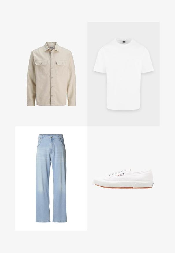 Beige overhemd met knopen in zachte stof, met twee borstzakken, lange mouwen en een rechte zoom. Effen textuur zonder patronen.; Effen witte katoenen T-shirt met korte mouwen en ronde hals, weergegeven op een lichtgrijze achtergrond.; Lichtblauwe denim jeans met een rechte pijp, voorzien van subtiele vervaging, vijf zakken en een metalen knoopsluiting bij de tailleband.; Witte canvas sneakers met een rubberen zool, vetersluiting en een klein logolabel aan de zijkant. Gewreven wit bovenwerk en een bruine zool.