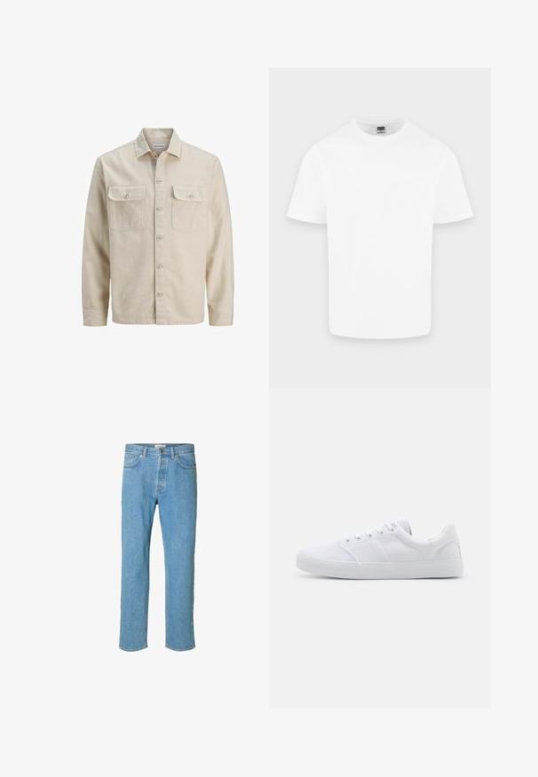 Beige overhemd met knopen in zachte stof, met twee borstzakken, lange mouwen en een rechte zoom. Effen textuur zonder patronen.; Effen witte katoenen T-shirt met korte mouwen en ronde hals, weergegeven op een lichtgrijze achtergrond.; Lichtblauwe denim jeans met een recht gesneden ontwerp. Kenmerken zijn een knoopsluiting, vijf zakken en gestikte details langs de naden.; Witte canvas sneakers met een rubberen zool, voorzien van zes oogjes, een gestructureerde neuskap en een minimalistisch ontwerp.