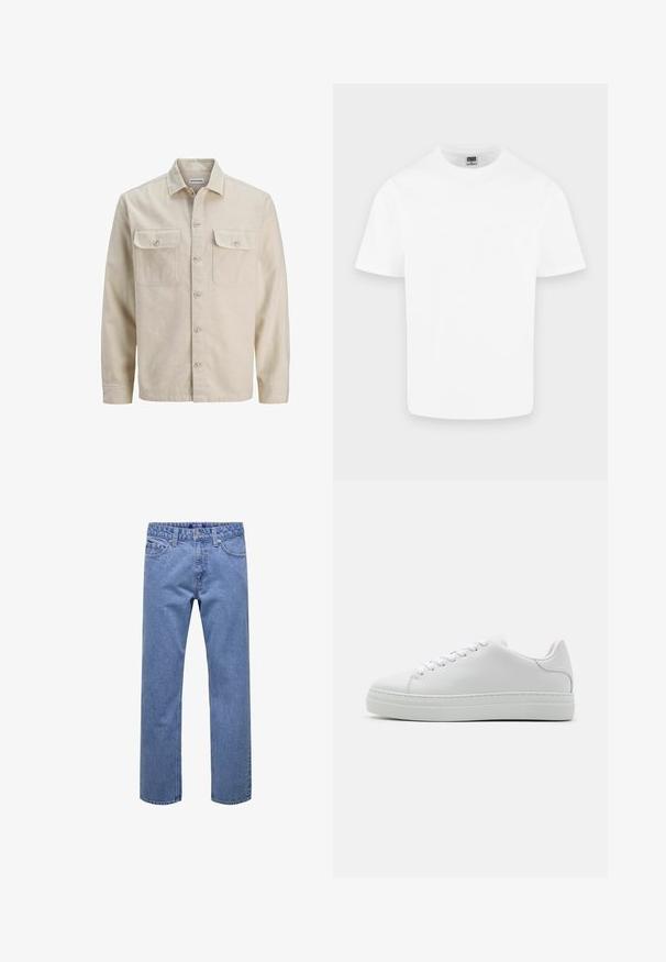 Chemise beige à boutons en tissu doux, dotée de deux poches poitrine, de manches longues et d'un ourlet droit. Texture unie sans motifs.; T-shirt blanc uni en coton à manches courtes et col rond présenté sur un fond gris clair.; Jean droit en denim bleu avec bouton et fermeture éclair à l'avant, passants pour ceinture, et poches avant et arrière.; Baskets en cuir blanc avec une semelle plateforme imposante, bout rond et six œillets. Texture lisse avec de subtiles détails de couture.