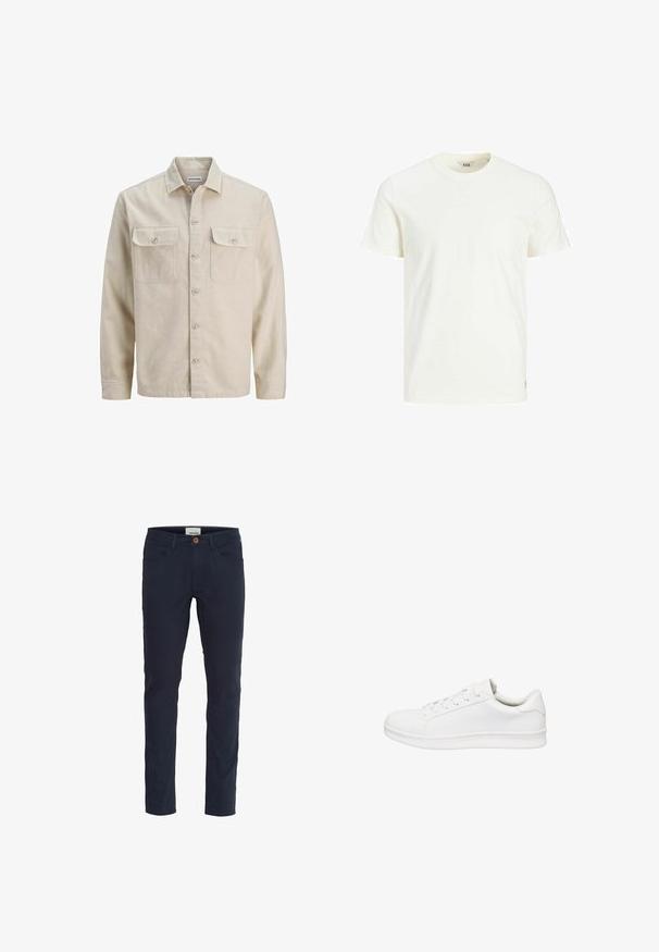 Chemise beige à boutons en tissu doux, dotée de deux poches poitrine, de manches longues et d'un ourlet droit. Texture unie sans motifs.; T-shirt en coton blanc avec un col rond, des manches courtes et une texture subtile. Présente une petite étiquette logo en bas à gauche de l'ourlet.; Pantalons bleu marine en tissu mélangé de coton. Conception slim fit avec cinq poches, une fermeture à bouton et une texture lisse.; Basket basse blanche avec fermeture à lacets, tige en cuir lisse, col rembourré et semelle épaisse en caoutchouc, présentée de profil sur fond blanc.