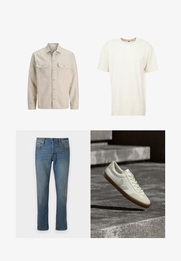 Beige overhemd met knopen in zachte stof, met twee borstzakken, lange mouwen en een rechte zoom. Effen textuur zonder patronen.; Korte mouwen, ronde hals t-shirt in lichtcrème kleur. Gemaakt van zacht katoen met een relaxte pasvorm en minimale naden.; Blauwe spijkerbroek met rechte pijpen, voorzakken, riemlussen en een knoopsluiting op een effen achtergrond.; Witte leren sneakers met een bruine rubberen zool, platte veters en een V-vormig accent aan de zijkant. Ze hebben een glad oppervlak en minimale stikdetails.