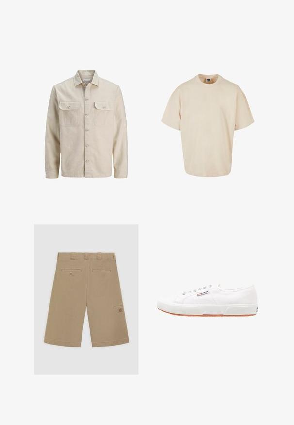 Beige Hemd mit Knöpfen aus weichem Stoff, ausgestattet mit zwei Brusttaschen, langen Ärmeln und einem geraden Saum. Einfarbig ohne Muster.; Beige übergroßes T-Shirt aus weichem Baumwollenstoff, mit rundem Ausschnitt und kurzen Ärmeln sowie einem geraden Saum. Einfaches und minimales Design.; Helle braune Shorts mit flachem Bund, zwei Gesäßtaschen und einer Seitentasche. Aus glattem Baumwollstoff gefertigt.; Weiße Leinensneaker mit Gummisohle, Schnürdesign und einem kleinen Logolabel an der Seite. Strukturierte weiße Oberseite und braune Außensohle.