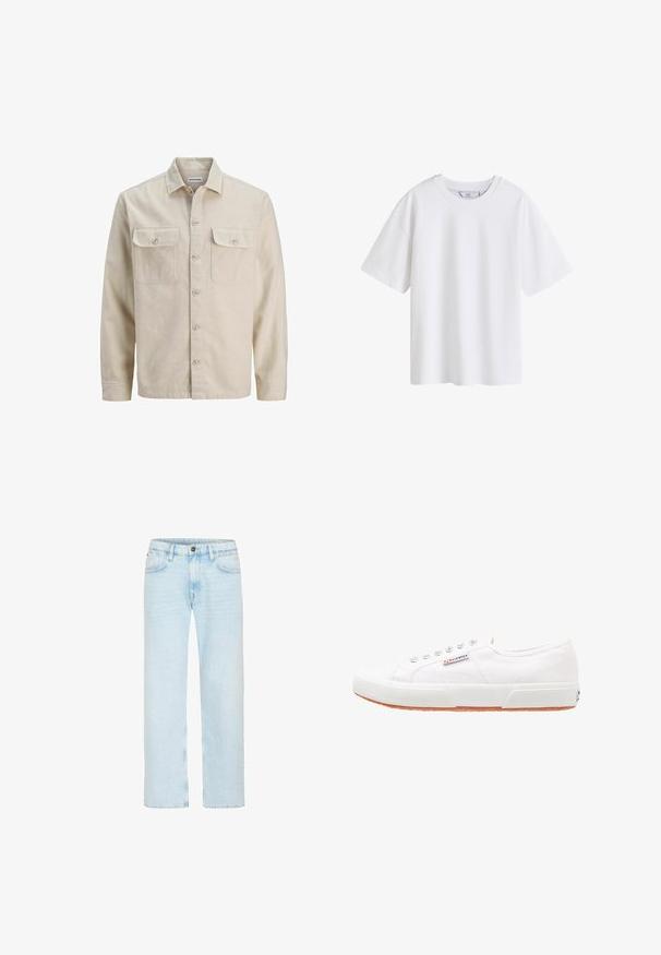 Beige Hemd mit Knöpfen aus weichem Stoff, ausgestattet mit zwei Brusttaschen, langen Ärmeln und einem geraden Saum. Einfarbig ohne Muster.; Schlichtes weißes Baumwoll-T-Shirt mit kurzen Ärmeln und Rundhalsausschnitt, vorne abgebildet auf weißem Hintergrund.; Hellblaue Jeans mit geradem Bein, vorderem Knopf und Reißverschluss, Gürtelschlaufen und Vordertaschen auf weißem Hintergrund.; Weiße Leinensneaker mit Gummisohle, Schnürdesign und einem kleinen Logolabel an der Seite. Strukturierte weiße Oberseite und braune Außensohle.