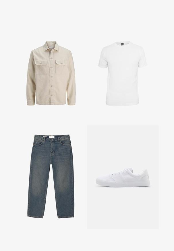 Beige skjorte med knaplukning i blødt stof, der har to brystlommer, lange ærmer og en lige søm. Ensfarvet tekstur uden mønstre.; Hvid kortærmet t-shirt, lavet af bomuld, med en klassisk rund hals og en glat tekstur, designet til afslappet brug.; Blå denimjeans med en løs pasform, der har et klassisk fem-lomme design og minimal falming. Inkluderer en knaplukning og bæltestropper.; Hvide lærreds sneakers med gummisål, der har seks snørehuller, en struktureret tåkap og et minimalistisk design.