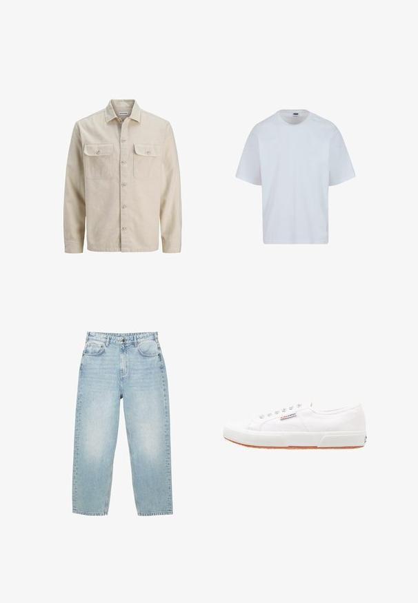 Beige Hemd mit Knöpfen aus weichem Stoff, ausgestattet mit zwei Brusttaschen, langen Ärmeln und einem geraden Saum. Einfarbig ohne Muster.; Weißes Baumwoll-T-Shirt mit rundem Halsausschnitt, kurzen Ärmeln und geradem Schnitt. Verfügt über dezente Nähte an den Schultern.; Hellblaue hochgeschnittene Jeans aus Denim mit geradem Bein, vorderen und hinteren Taschen sowie einem Knopfverschluss mit sichtbaren Nähten.; Weiße Leinensneaker mit Gummisohle, Schnürdesign und einem kleinen Logolabel an der Seite. Strukturierte weiße Oberseite und braune Außensohle.