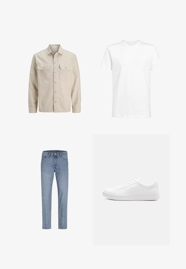 Beige overhemd met knopen in zachte stof, met twee borstzakken, lange mouwen en een rechte zoom. Effen textuur zonder patronen.; Witte t-shirt met korte mouwen van katoen, met een ronde halslijn en een standaard pasvorm. Eenvoudig ontwerp, zonder patronen of zichtbare accenten.; Lichtblauwe spijkerbroeken met een recht gesneden pijp, vijf zakken, gestikte naden en een knoopsluiting bij de taille.; Witte lage sneaker met veterluiting, glad leren bovenwerk en dikke rubberen zool, zijaanzicht op een effen achtergrond.