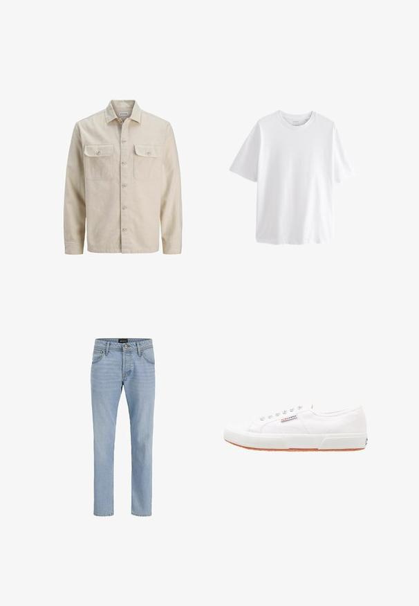 Beige Hemd mit Knöpfen aus weichem Stoff, ausgestattet mit zwei Brusttaschen, langen Ärmeln und einem geraden Saum. Einfarbig ohne Muster.; Schlichtes weißes T-Shirt mit kurzen Ärmeln und Rundhalsausschnitt in entspannter Passform vor weißem Hintergrund.; Helle blaue Denim-Jeans mit schlankem Schnitt, Fünf-Taschen-Design, subtiler verblasster Textur und Metallbeschlägen am Reißverschluss und der Knopfleiste.; Weiße Leinensneaker mit Gummisohle, Schnürdesign und einem kleinen Logolabel an der Seite. Strukturierte weiße Oberseite und braune Außensohle.