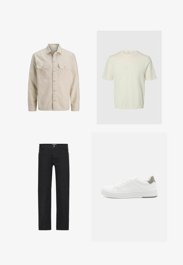 Beige overhemd met knopen in zachte stof, met twee borstzakken, lange mouwen en een rechte zoom. Effen textuur zonder patronen.; Effen crèmekleurig T-shirt met korte mouwen en ronde hals, getoond tegen een lichtgrijze achtergrond.; Zwarte recht-toe-rechtaan jeans van denim, met een knoopsluiting in de taille, vijf zakken en een minimalistisch ontwerp zonder zichtbare patronen.; Witte sneaker van glad leer met een ronde neus, minimalistisch ontwerp, grijze hielaccent en een geplaatste rubberen zool.