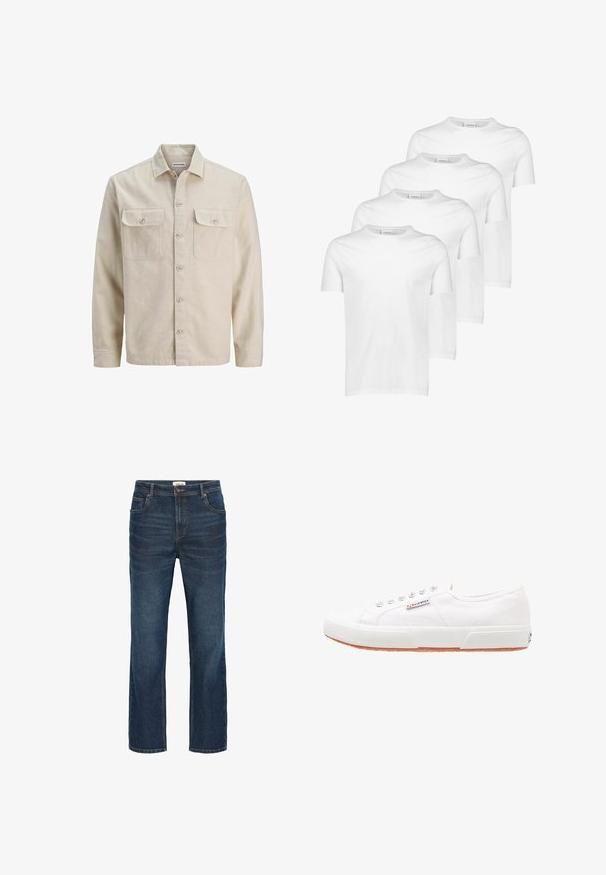 Beige Hemd mit Knöpfen aus weichem Stoff, ausgestattet mit zwei Brusttaschen, langen Ärmeln und einem geraden Saum. Einfarbig ohne Muster.; Weiße Baumwoll-T-Shirts, kurze Ärmel, runder Ausschnitt, glatte Textur, vier Stück gestapelt mit einheitlichem Design und ohne Muster oder Akzente.; Dunkelblaue Denim-Jeans mit einem geraden Schnitt, fünf Taschen, kontrastierenden Nähten und einem Bund mit einem Metallknopf und Gürtelschlaufen.; Weiße Leinensneaker mit Gummisohle, Schnürdesign und einem kleinen Logolabel an der Seite. Strukturierte weiße Oberseite und braune Außensohle.