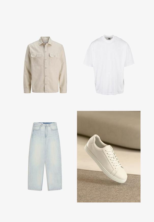 Chemise beige à boutons en tissu doux, dotée de deux poches poitrine, de manches longues et d'un ourlet droit. Texture unie sans motifs.; T-shirt en coton blanc avec une coupe décontractée, des manches courtes et un col rond, présentant un ourlet droit et sans graphiques ni motifs visibles.; Jean en denim délavé clair avec une coupe ample à jambes larges. Comporte un design à cinq poches et une fermeture simple par bouton en métal. Ourlet effiloché à la base.; Baskets en cuir blanc avec des lacets blancs, exposées sur une surface beige texturée et avec un arrière-plan flou doux.