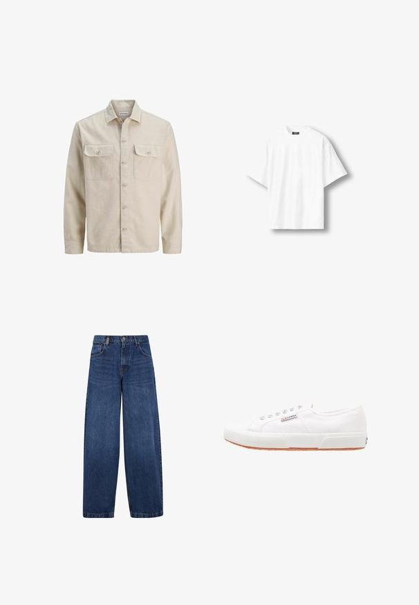 Camisa beige de botones en tejido suave, con dos bolsillos en el pecho, mangas largas y dobladillo recto. Textura lisa sin patrones.; Camiseta blanca lisa de manga corta, de corte holgado, con cuello redondo y etiqueta negra en el interior del cuello trasero, exhibida sobre un fondo claro.; Vaqueros de mezclilla azul de pierna ancha con un diseño clásico de cinco bolsillos, cierre de botón y una textura ligeramente deslavada. Detalles de costura resistentes.; Zapatillas de lona blancas con suela de goma, diseño de cordones y una pequeña etiqueta con el logo en el lateral. Parte superior texturizada blanca y suela marrón.