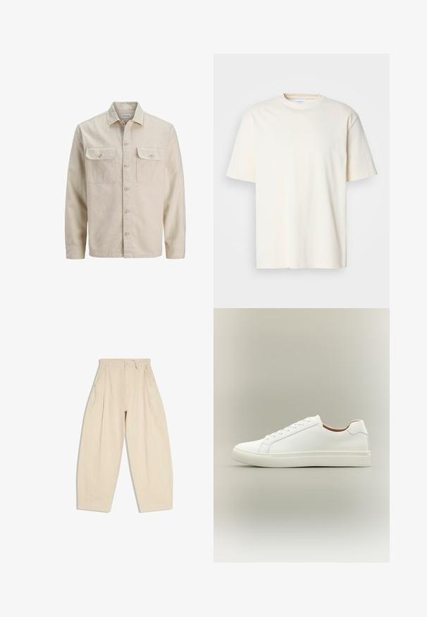 Chemise beige à boutons en tissu doux, dotée de deux poches poitrine, de manches longues et d'un ourlet droit. Texture unie sans motifs.; T-shirt uni à col rond, à manches courtes, de couleur blanc cassé, design unisexe, présenté sur un fond gris neutre.; Pantalon beige taille haute à jambes larges avec plis, poches latérales, passants pour ceinture et fermeture par bouton sur la ceinture avant.; Baskets blanches basses avec fermeture à lacets et semelle plate, vues de côté sur un fond neutre.