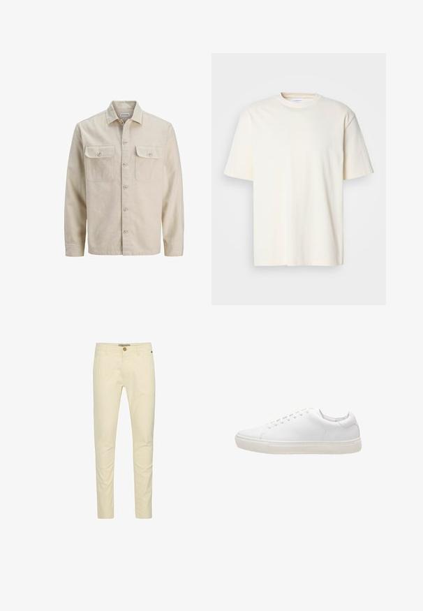 Camisa beige de botones en tejido suave, con dos bolsillos en el pecho, mangas largas y dobladillo recto. Textura lisa sin patrones.; Camiseta de cuello redondo de manga corta en color blanco roto, diseño unisex, exhibida sobre un fondo gris neutro.; Chinos de algodón beige con un corte slim, que cuentan con un cierre de botón y un detalle de costura sutil en los bolsillos. Textura suave con un acabado pulido.; Zapatilla de cuero blanco con textura suave, puntera redonda, cierre de cordones y suela de goma plana. Diseño minimalista sin patrones visibles.