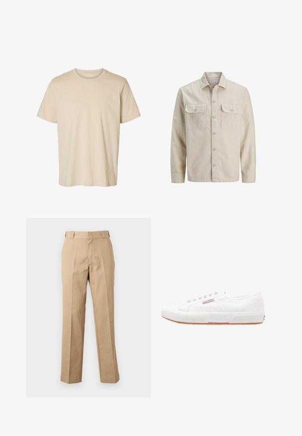 Beige skjorte med knaplukning i blødt stof, der har to brystlommer, lange ærmer og en lige søm. Ensfarvet tekstur uden mønstre.; Beige T-shirt med korte ærmer og rund hals med ensfarvet design, lavet af blødt stof.; Beige bukser med lige ben, bæltestropper, foran lynlås og pressede slidser, vist mod en hvid baggrund.; Hvide kanvas sneakers med gummisål, snørebåndsdesign og et lille logo mærke på siden. Tekstureret hvid overdel og brun ydersål.