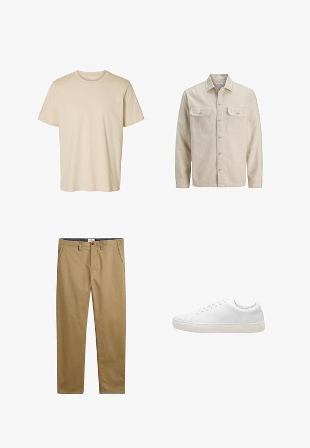 Camisa beige de botones en tejido suave, con dos bolsillos en el pecho, mangas largas y dobladillo recto. Textura lisa sin patrones.; Camiseta beige de manga corta con cuello redondo y diseño sencillo, hecha de tela suave.; Pantalones de algodón color caqui con corte recto, que cuentan con bolsillos laterales, cierre de botón y una tela texturizada.; Zapatilla de cuero blanco con textura suave, puntera redonda, cierre de cordones y suela de goma plana. Diseño minimalista sin patrones visibles.