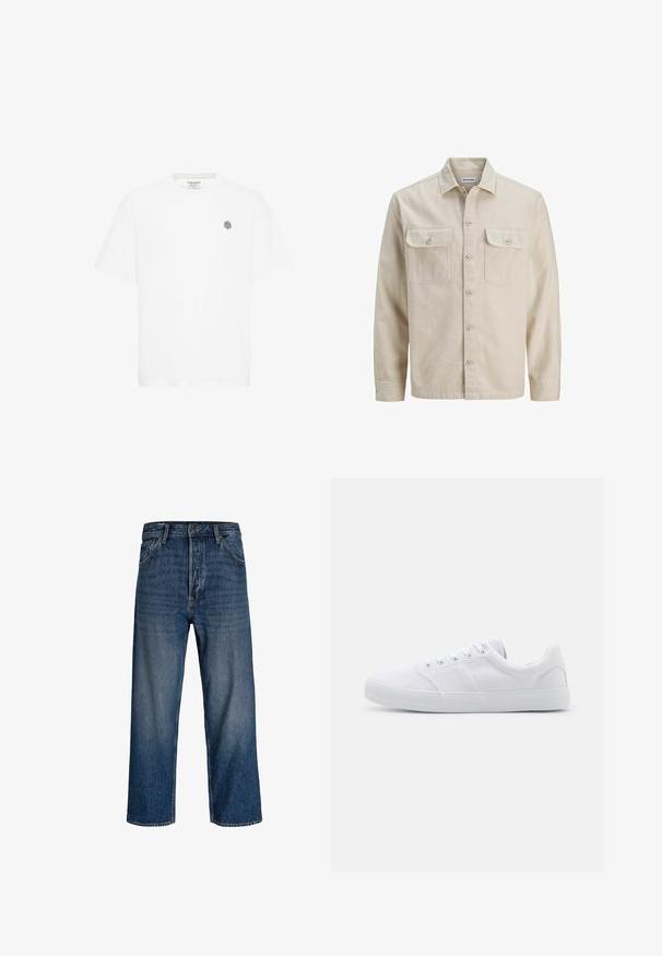 Beige Hemd mit Knöpfen aus weichem Stoff, ausgestattet mit zwei Brusttaschen, langen Ärmeln und einem geraden Saum. Einfarbig ohne Muster.; Weißes Kurzarm-T-Shirt mit Rundhalsausschnitt und einem kleinen grauen geometrischen Logo auf der linken Brust. Hergestellt aus weichem Baumwollmaterial.; Jeans aus Denim mit geradem Bein, dunkelblauer Farbe und subtilen Verblassungen. Verfügt über fünf Taschen und einen Knopfverschluss.; Weiße Leinenschuhe mit Gummisohle, ausgestattet mit sechs Ösen, einer strukturierten Zehenkappe und minimalistischer Gestaltung.