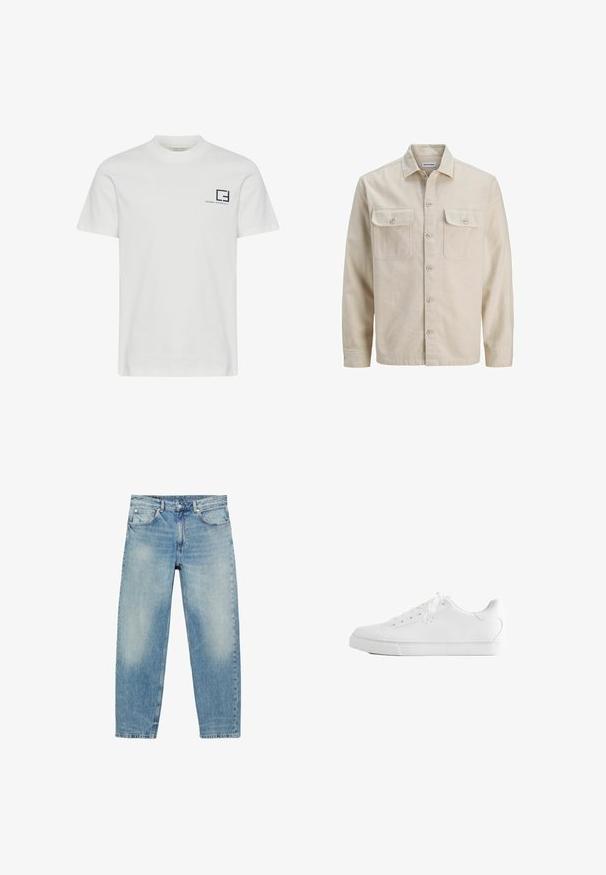 Chemise beige à boutons en tissu doux, dotée de deux poches poitrine, de manches longues et d'un ourlet droit. Texture unie sans motifs.; T-shirt en coton blanc avec un col rond et des manches courtes. Présente un logo graphique bleu marine et du texte sur la partie gauche de la poitrine.; Jean droit en denim bleu avec poches avant et passants de ceinture, présentant des détails légèrement décolorés sur les cuisses et les genoux.; Baskets basses blanches avec lacets, dessus en cuir lisse et semelle extérieure en caoutchouc plate, vues de côté sur fond blanc.