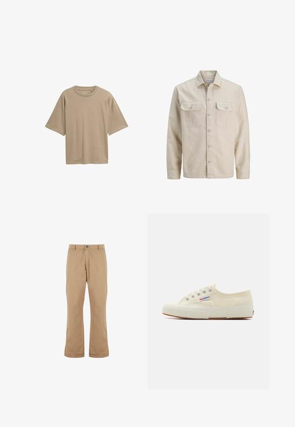Beige nappipaita pehmeästä kankaasta, jossa on kaksi rintataskua, pitkät hihat ja suora helma. Yksivärinen pinta ilman kuvioita.; Vaahto beige lyhythihainen t-paita rentoa istuvuutta, pyöreä pääntie ja sileä tekstuuri. Ei näkyviä kuvioita tai käyttöyksityiskohtia.; Beige puuvillahousut suoran leikkauksen kanssa, varustettuna nappisulkemisella, etutaskuilla ja sileällä pinnalla.; Vaaleanbeige canvas-kengät, joissa on matala profiili, metalliset nauhoitteet ja kumipohja. Kengissä on teksturoitu kuviointi ja logotieto sivussa.